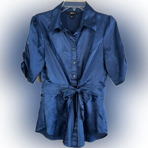 BCX Women’s Blue Satin Bow Tie Waist Button Up Blouse, Short Gathered Sleeves, L